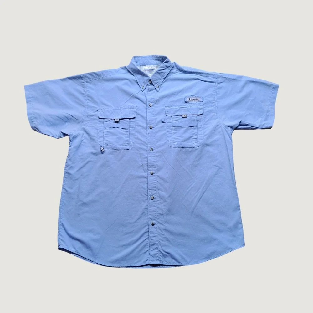 Columbia Fishing Shirt Mens L Light Blue Good PFG Bahama II Short Sleeve Vented